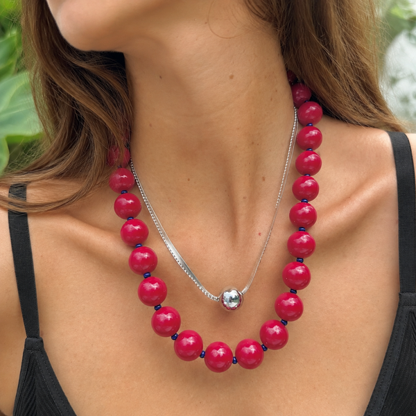 Collar Chicle  Esferas Vinotinto Azul - Collar Statement Chunky