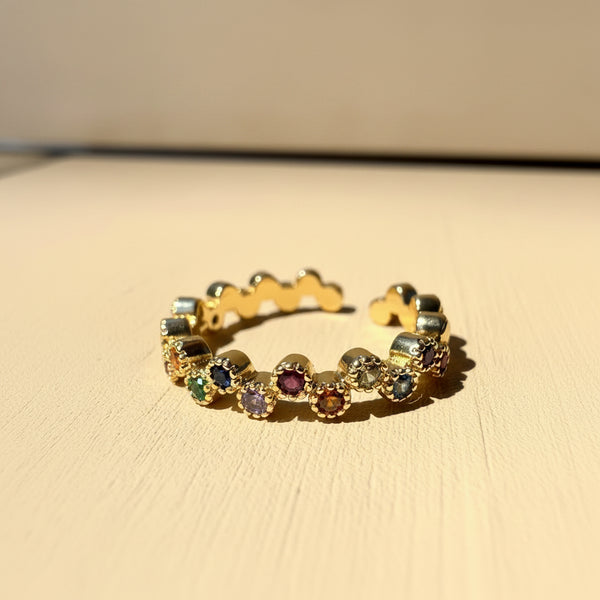 Anillo multicolor tutifruti piedras bisel escalonado rodio MariaBolo ajustable, colores vibrantes disposición orgánica hipoalergénico sin talla regalo especial mujer Colombia