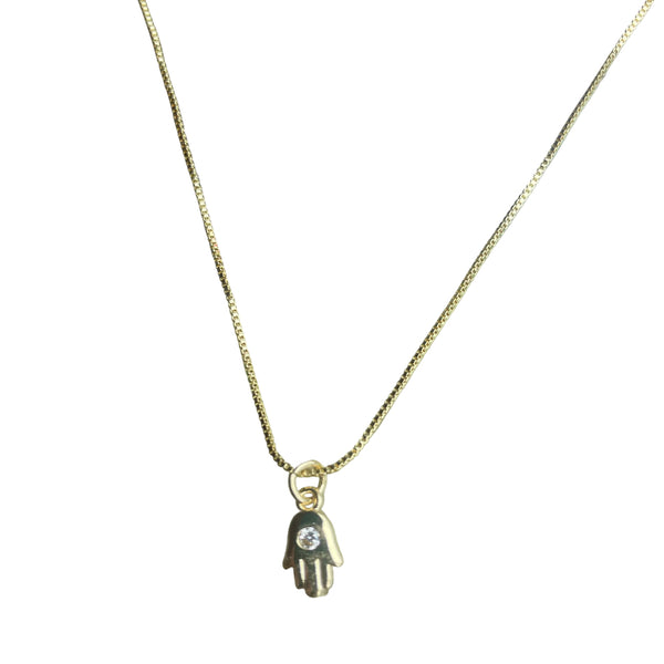 Cadena en rodio con dije de mano hamsa brillo
