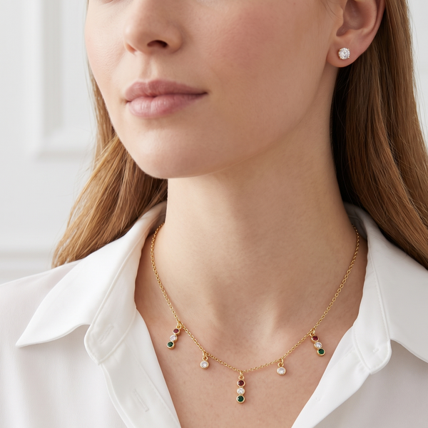 Cadena Lucha | Set Collar Dorado con 5 Dijes Multicolor y Aretes Brillante Clear - Rodio