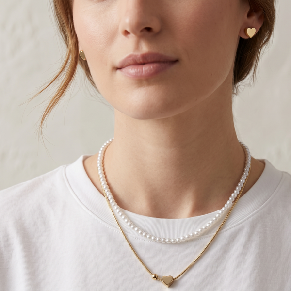 mujer usando el set de doble nilvel con perlas y cadena en rodio con un dije de orazon y esfera