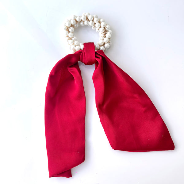 Coletero con perlas y lazo satén - Accesorio para cabello sofisticado