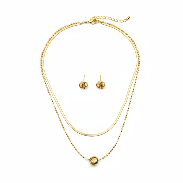 Collar doble nivel elegante y casual en rodio con aretes mariabolo hipoalergenico