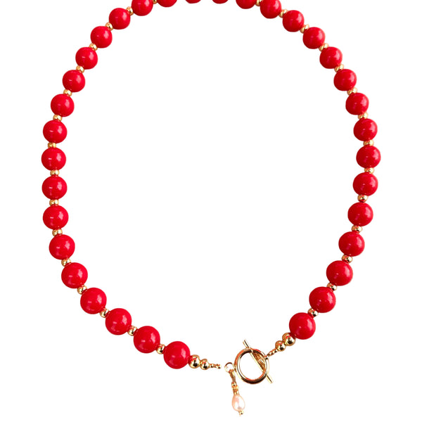 Collar Pepas Red Charm MariaBolo Colombia, pepas rojas doradas rodio con perla agua dulce natural ajustable hipoalergénico regalo especial