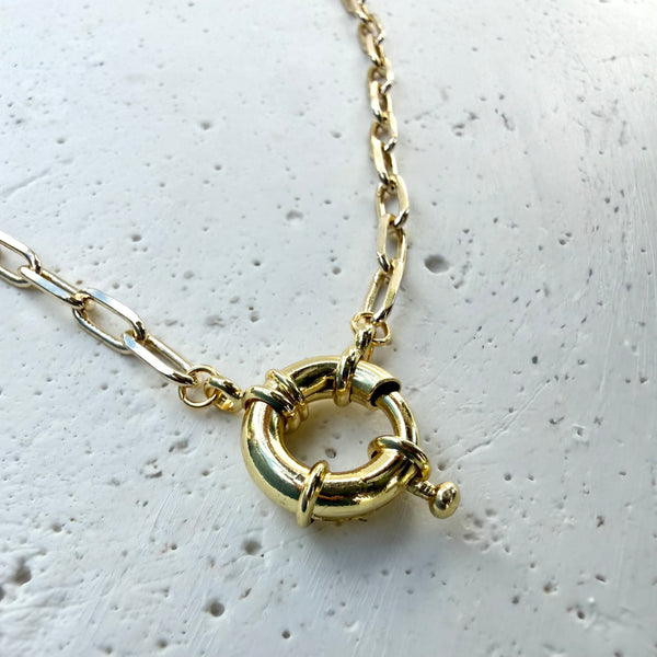 Collar cadena eslabón oval dorado 47cm dije aro flotador liso rodio MariaBolo, cadena minimalista ajustable hipoalergénica ideal para layering con cadena larga 60cm Colombia