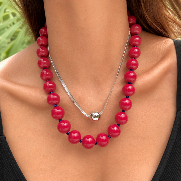 Collar Chicle  Esferas Vinotinto Azul - Collar Statement Chunky