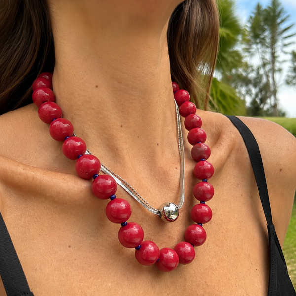 Collar Chicle  Esferas Vinotinto Azul - Collar Statement Chunky