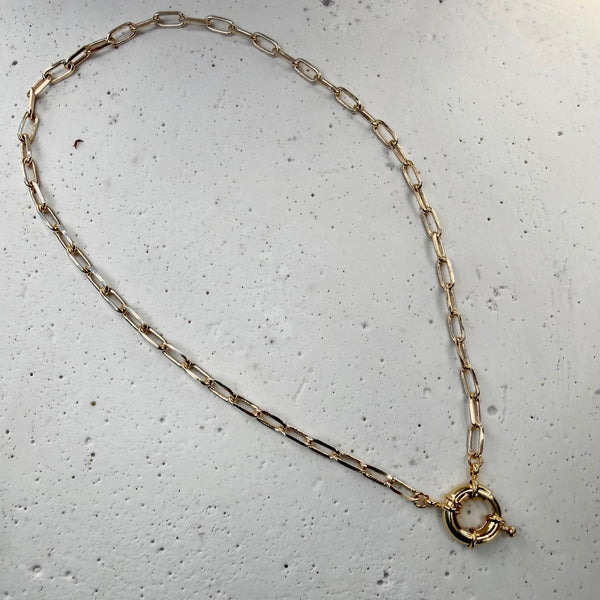Collar Cadena Eslabón Oval Dorado con Dije Aro Flotador Liso - Rodio 47cm