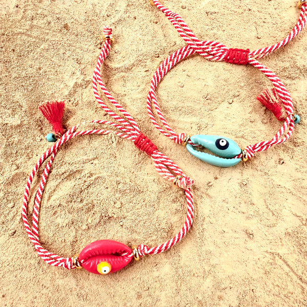 Pulsera Afrobeat hecha a mano hilo aguamarina rosa rodio artesanal ajustable MariaBolo