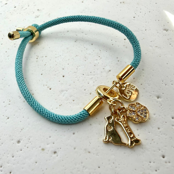 Pulsera Cordón Aguamarina Rodio con Dijes Perro