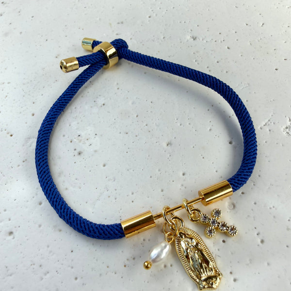Pulsera Cordón Azul Rey con Dijes en  Rodio