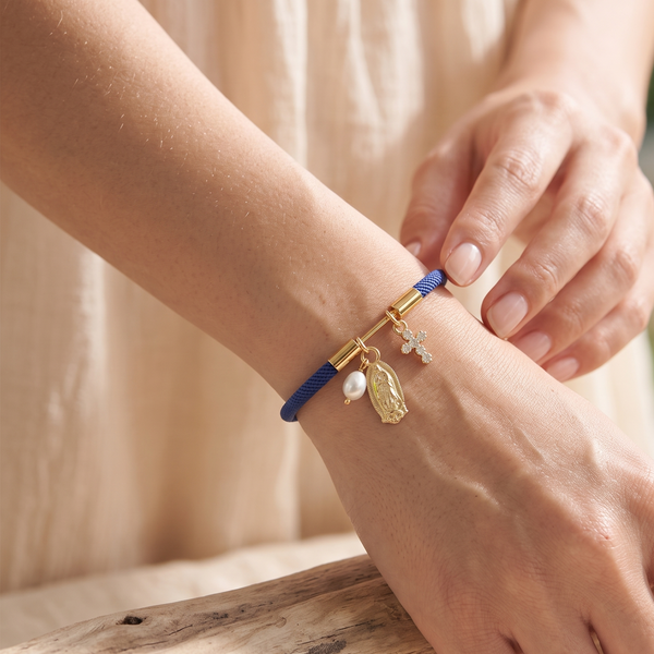  Pulsera virgen de Guadalupane Cordón Azul Rey con Dijes Virgen de y Perla Agua Dulce Rodio