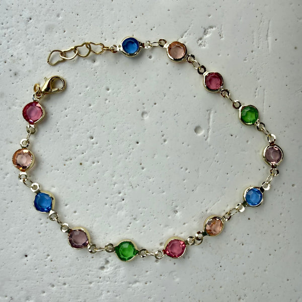 pulsera tobillera en rodio con piedras de coloresbillera