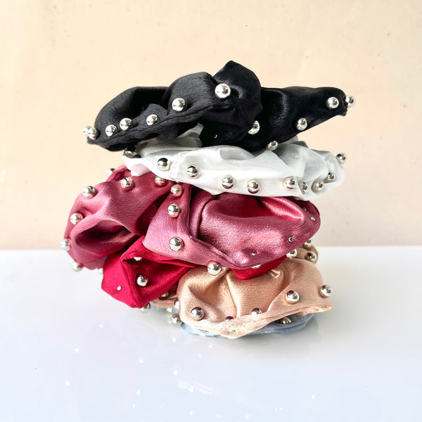 Scrunchie satín con aplique perlas muelle balín MariaBolo, elástico suave no marca cabello disponible 6 colores