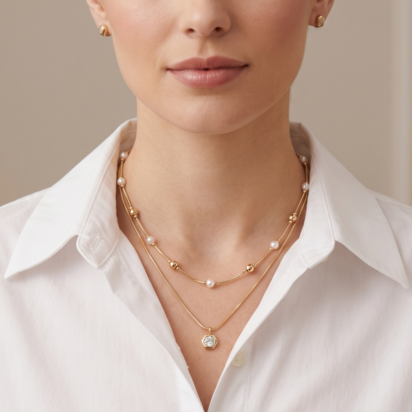 Set collar doble nivel brillante móvil y perlas rodio dorado MariaBolo imagen generada, collar elegante sofisticado con aretes topo brillante regalo premium mujer Colombia
