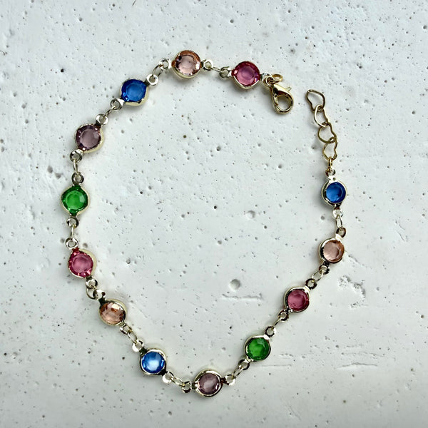 Pulsera Tobillera Tutifruti Piedras Sintéticas Multicolor en Cajas Unidas por Aros - Rodio Ajustable