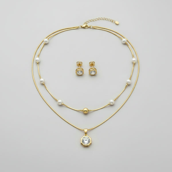 Set collar doble nivel rodio MariaBolo con brillante móvil y secuencia esfera tubo perla, incluye aretes topo brillante mediano hipoalergénico regalo especial mujer Colombia