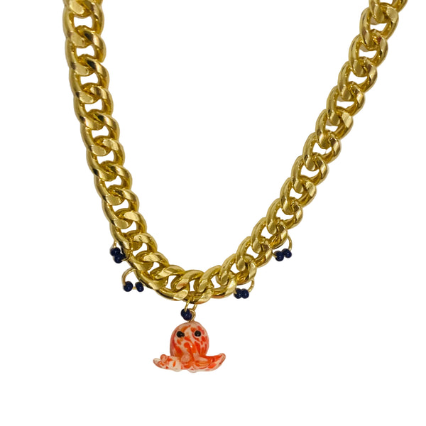 CAdena cubana en rodio con dije en forma de pulpo, material de lije vidrio hecho a mano