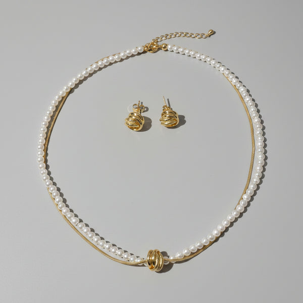 Aretes aro entrelazados rodio dorado MariaBolo a juego con collar doble cadena perlas, hipoalergénico libre de níquel acabado brillante duradero mujer Colombia