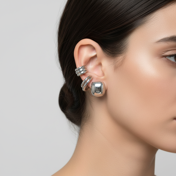  Mujer usando Earcuff Trío Silver tres earcuffs cartílago rodio sin perforación joyería Colombia
