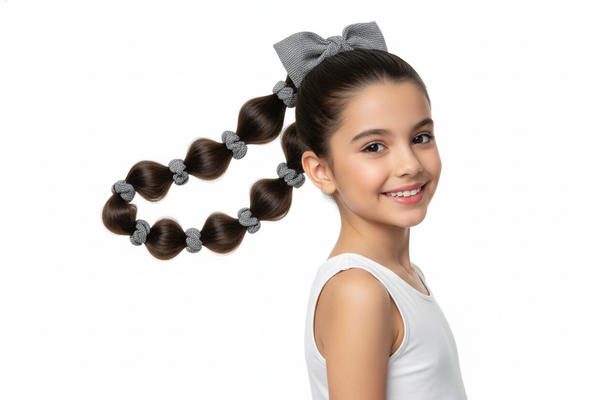 Niña con cola de caballo usando cauchos grises