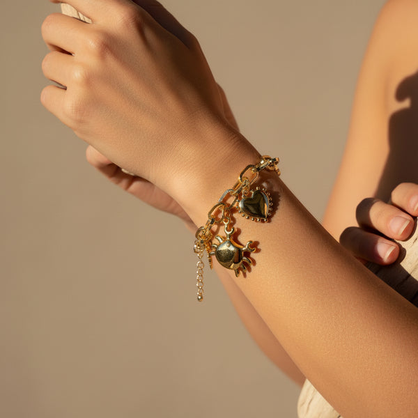 Detalle dijes marinos pulsera eslabones dorados MariaBolo, estrella de mar cangrejo corazón sol rodio libre de níquel regalo especial mujer